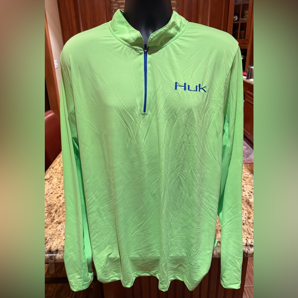 Huk Bright Green 1/4 zip Performance Pullover. Neon green with logos front/back - Picture 2 of 6